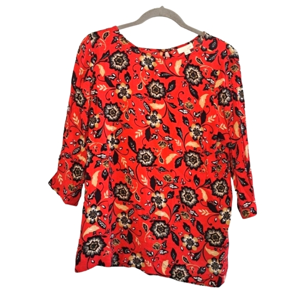 J. Jill Red and Black Floral 3/4 Sleeve Lightweight Blouse Keyhole Size Medium - Picture 2 of 7